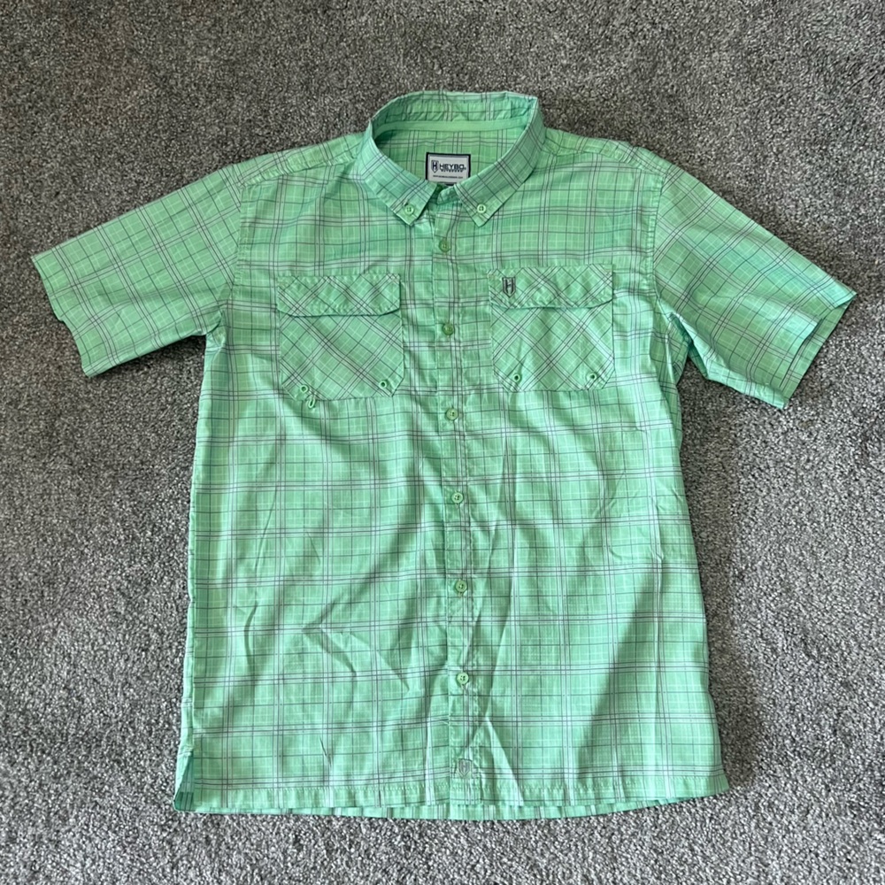 Heybo outdoors shirt boys large green gray short sleeve button up cowboy western